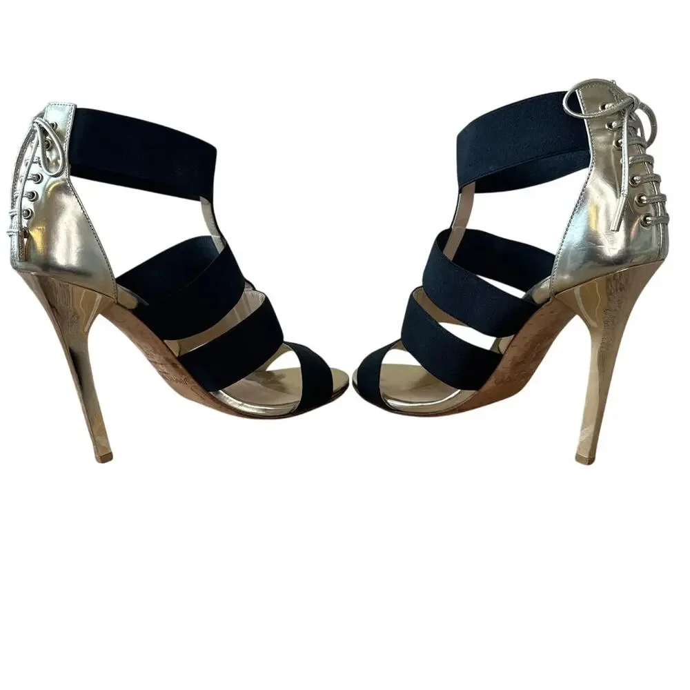 Jimmy Choo Dario Black Ladder Strap Gold Heel Sandals‎ Size US 8, IT 38